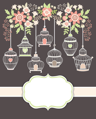 Vector card template with bird cages and floral branch on white background. Card template for Mother's Day, bridal showers, birthdays and parties with space for your text. Vector illustration.のイラスト素材