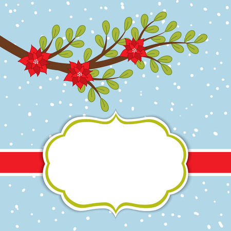 Vector Christmas and New Year card template with poinsettia and branch on snow background. Card template for Christmas and New Year with space for your text. Vector illustration.のイラスト素材