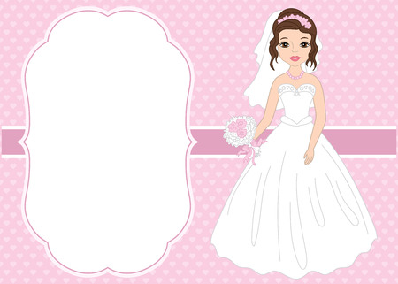 Vector card template with beautiful bride on hearts background. Card template for bridal shower and  wedding with space for your text. Vector bride. Vector illustration.のイラスト素材