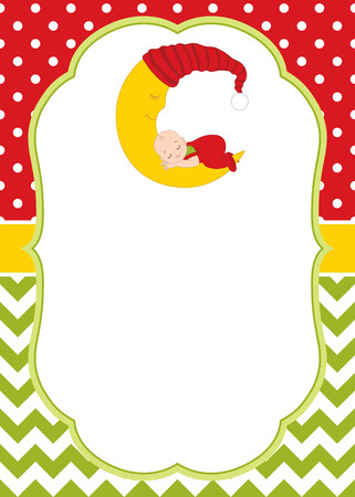 Vector Christmas and New Year card template with cute baby boy sleeping on the Moon. Christmas and New Year card template for baby shower, birthday and party with space for your text.のイラスト素材