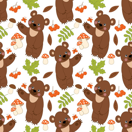 Vector seamless pattern with cute bears, mushrooms, berries  and leaves. Forest bear seamless pattern.  Vector bear. Vector illustration.のイラスト素材