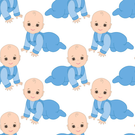 Vector seamless pattern with cute baby boy on white background. Seamless pattern for baby boy shower. Baby boy vector illustration.のイラスト素材