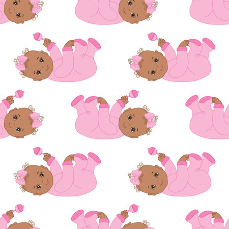 Vector seamless pattern with African American cute baby girl on white background. Seamless pattern for baby girl shower. African American baby girl vector illustration.のイラスト素材