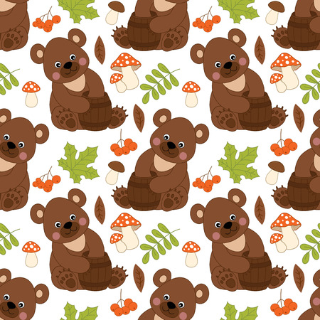 Vector seamless pattern with cute bears, mushrooms, berries  and leaves. Forest bear seamless pattern. Vector bear. Vector illustration.のイラスト素材
