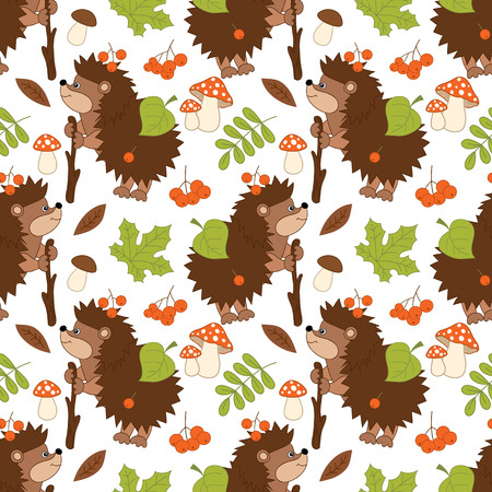 Vector seamless pattern with cute hedgehogs, mushrooms, berries  and leaves. Forest hedgehog seamless pattern. Vector hedgehog. Vector illustration.のイラスト素材