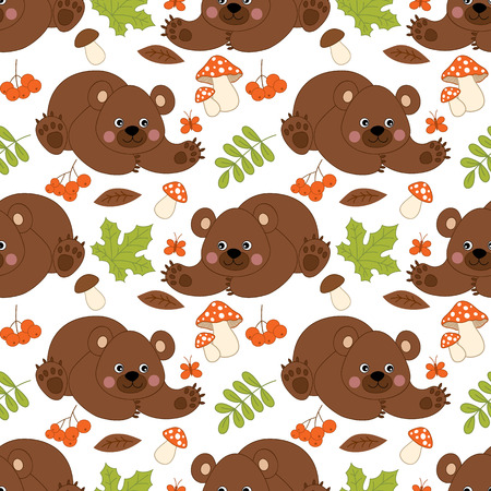 Vector seamless pattern with cute bears, mushrooms, berries  and leaves. Forest bear seamless pattern.  Vector bear. Vector illustration.のイラスト素材
