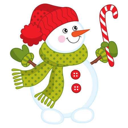 Vector happy snowman with candy stick. Christmas and New Year vector illustration.のイラスト素材