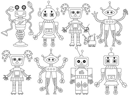 Vector black and white cute cartoon robots. Robots vector illustration.のイラスト素材