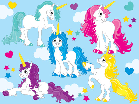 Vector set of cute unicorns with colorful mane in blue background.のイラスト素材