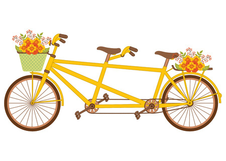 Vector tandem with autumn flowers. Tandem with floral basket vector illustration.のイラスト素材