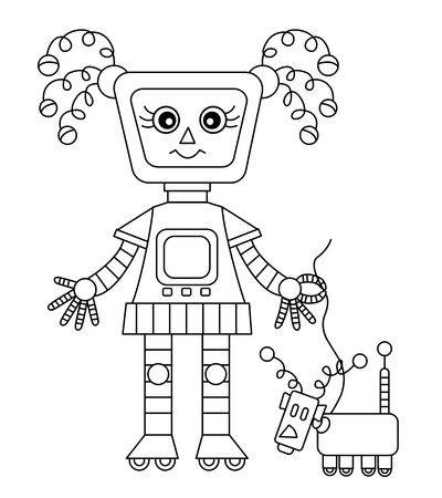 Vector black and white cute girl robot with dog. Robot vector illustration.のイラスト素材