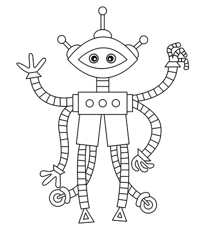 Vector black and white cute cartoon robot. Robot vector illustration.のイラスト素材