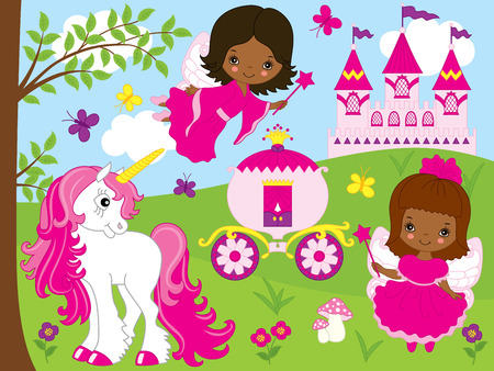 Vector cute African American fairies with unicorn, carriage and castle. Unicorn and fairies  vector illustration.のイラスト素材