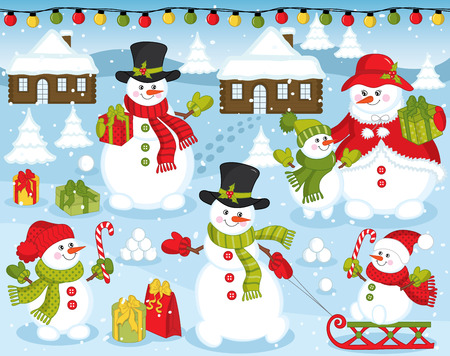 Vector happy snowman family on snow background.のイラスト素材
