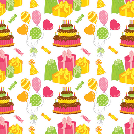 Vector seamless pattern with cake, candles, balloons, sweets and gift boxes on white background.のイラスト素材
