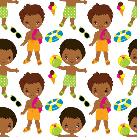 Vector seamless pattern with African American cute little boys having fun in pool.  Vector pool party.のイラスト素材