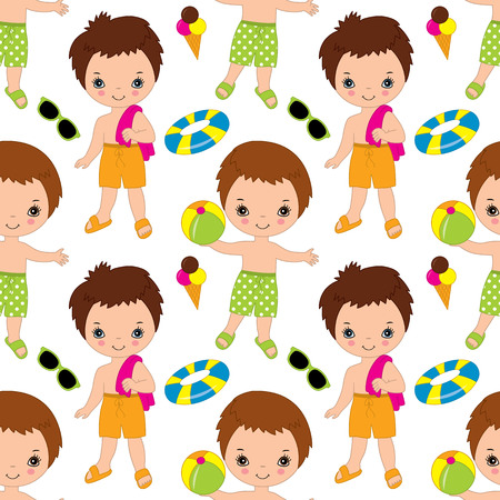 Vector seamless pattern with cute little boys having fun in pool.  Vector pool party.のイラスト素材