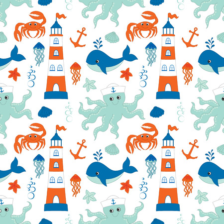 Vector seamless pattern with lighthouse, anchor, whale, octopus, jellyfish and crab on white background.のイラスト素材