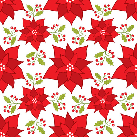 Vector Christmas and New Year seamless pattern with poinsettia and red berries on white background.のイラスト素材
