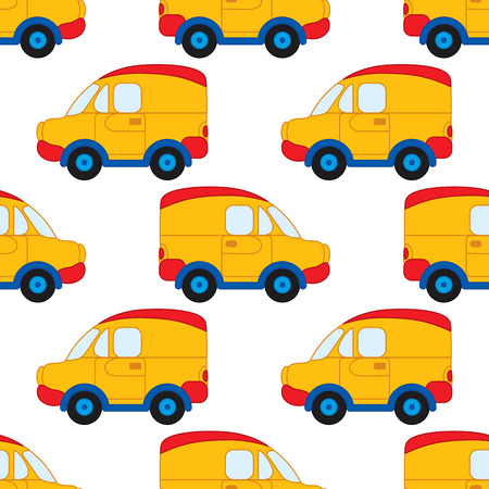 Vector seamless pattern with cartoon car on white background. Vector boy's toy car.のイラスト素材