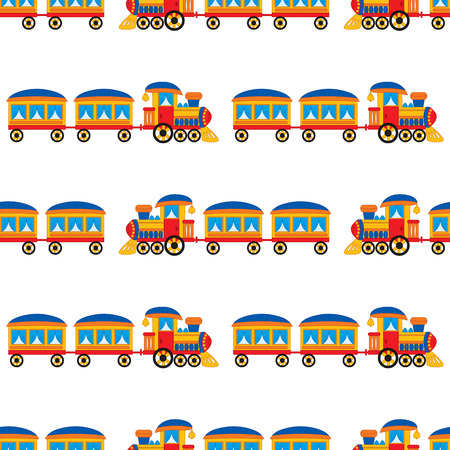 Vector seamless pattern with cartoon steam train on white background. Vector boy's toy steam train.のイラスト素材