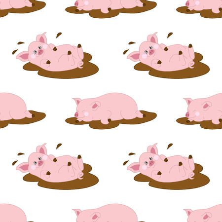Vector seamless pattern with cute cartoon pigs on white background. Vector baby pig.のイラスト素材