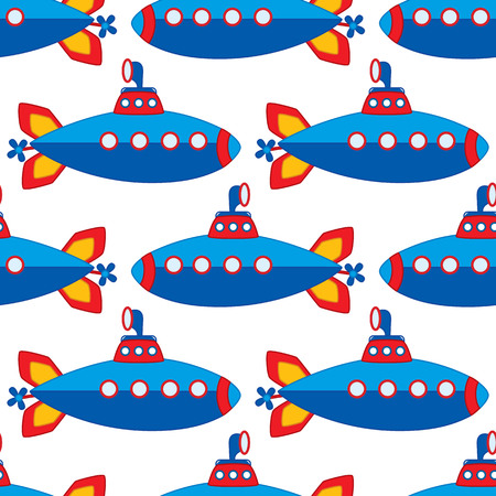 Vector seamless pattern with cartoon  submarine on white background. Vector boy's toy submarine.のイラスト素材