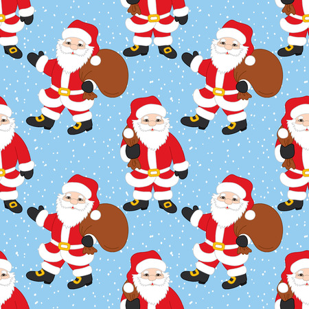 Vector Christmas and New Year seamless pattern with Santa Claus on snow background. Vector Santa Claus with sack.のイラスト素材