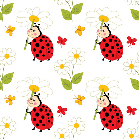Vector seamless pattern with cute cartoon red ladybug, butterfly and daisy. Vector ladybug.のイラスト素材
