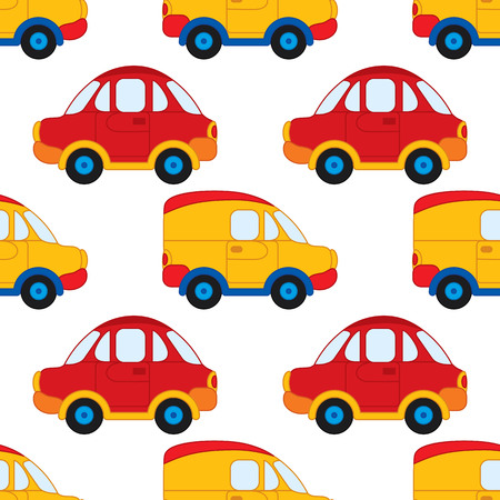 Vector seamless pattern with cartoon car on white background. Vector boy's toy car.のイラスト素材