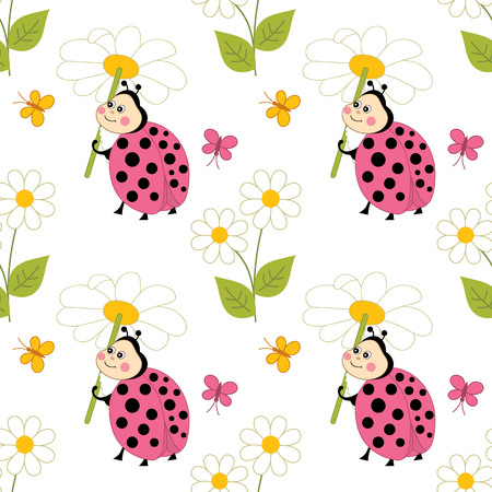Vector seamless pattern with cute cartoon pink ladybug, butterfly and daisy. Vector ladybug.のイラスト素材