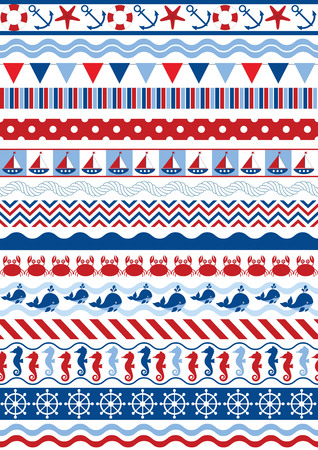 Vector nautical seamless borders with crab, whale, seahorse, ship wheel, anchor, starfish, buoy, flags, ship and rope. Nautical seamless borders vector illustration.のイラスト素材