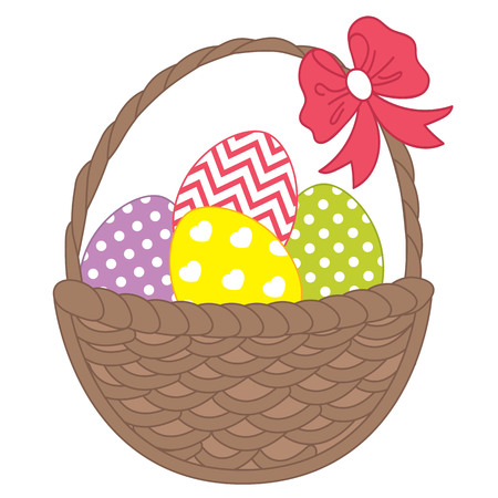 Vector wicker basket with colorful Easter eggs. Vector Easter Eggs. Easter eggs vector illustration.のイラスト素材