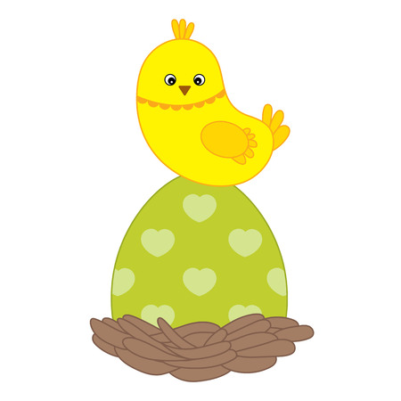 Vector cute cartoon yellow Easter chick sitting on the egg. Vector Chicken. Chick vector illustration.のイラスト素材