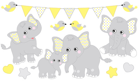 Cute elephants set. Vector elephant illustration for baby shower. Vector cartoon elephants. Baby elephant vector illustration.のイラスト素材