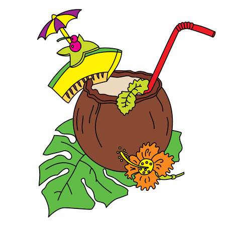 Vector coconut cocktail with tropical fruits. Coconut cocktail vector illustration.のイラスト素材