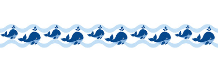 Vector nautical seamless border with cute cartoon whales. Nautical border vector illustration.のイラスト素材