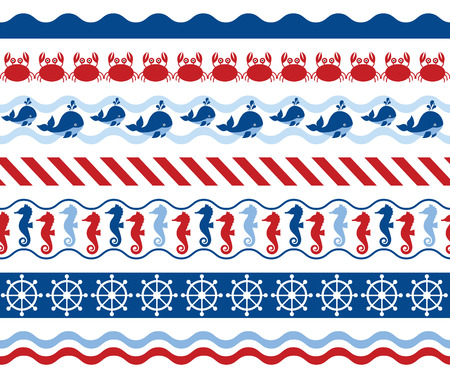 Vector nautical seamless borders with crab, whale, seahorse, ship wheel. Nautical seamless borders vector illustration.のイラスト素材