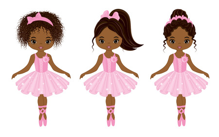 Vector cute little African American ballerinas with various hairstyles. Vector ballerinas in pink tutu dresses. African American ballerinas vector illustration