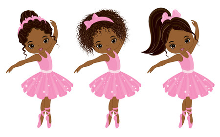 Vector cute little African American ballerinas with various hairstyles. Vector ballerinas in pink tutu dresses. African American ballerinas vector illustrationのイラスト素材