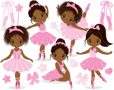 Vector set with cute little African American ballerinas, bows and ballet shoes. Vector ballerinas in pink tutu dresses. African American ballerinas vector illustrationのイラスト素材