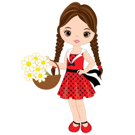 Vector cute little girl with basket of lowers . Vector little girl in polka dot dress. Little girl vector illustration.のイラスト素材
