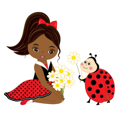 Vector cute little African American girl with ladybug and flowers. Vector little girl in polka dot dress and red bow. Ladybug and little girl vector illustrationのイラスト素材