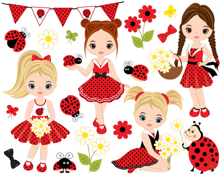 Vector set with cute little girls, ladybugs, flowers and bunting. Vector little girls in polka dot dresses and various hairstyles. Little girls and ladybugs vector illustration.のイラスト素材