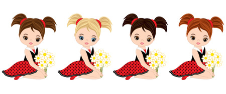 Vector cute little girls with various hair colors. Vector little girls in polka dot dresses. Little girls vector illustration.のイラスト素材