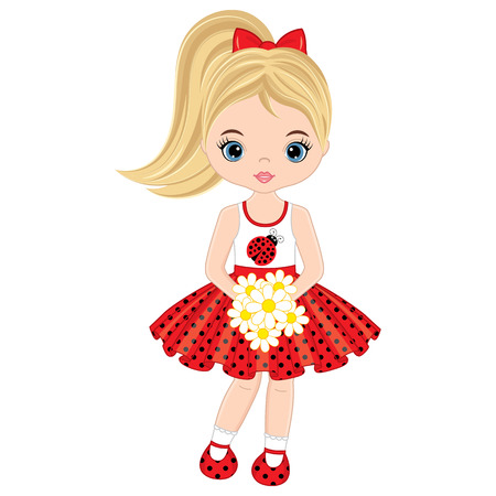 Vector cute little girl with flowers . Vector little girl in polka dot dress. Little girl vector illustrationのイラスト素材