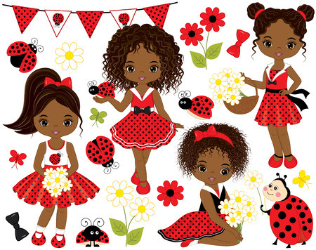 Vector set with cute little African American girls, ladybugs, flowers and bunting. Vector little girls in polka dot dresses and various hairstyles. Little girls and ladybugs vector illustrationのイラスト素材