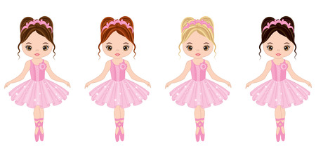 Vector cute little ballerinas with various hair colors. Vector ballerinas in pink tutu dresses. Ballerinas vector illustrationのイラスト素材