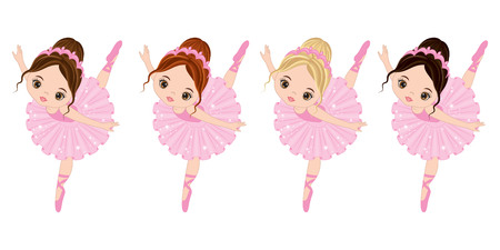 Vector cute little ballerinas with various hair colors. Vector ballerinas in pink tutu dresses. Ballerinas vector illustrationのイラスト素材