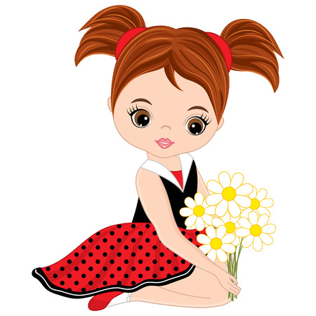 Vector cute little girl with flowers . Vector little girl in polka dot dress. Little girl vector illustration.のイラスト素材